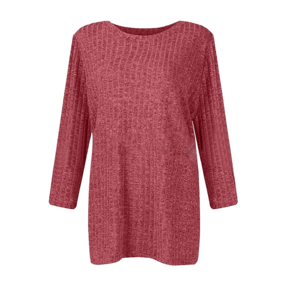 EliteGoogv Women's Round Neck Frosted Strip Solid Color Quarter Sleeve T Shirt Casual Womens Tee tops Red XXL