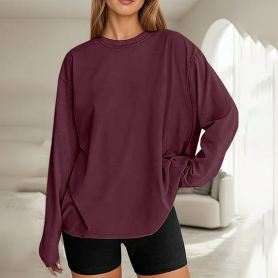 EliteGoogv Women's Solid Color Long Sleeve T-shirt Oversized Round Neck Tee Tops Trendy Spring Summer Fall Streetwear Outfits