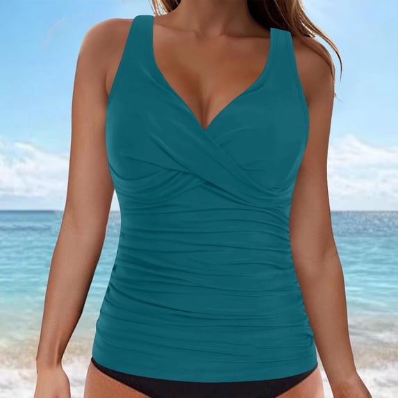 EliteGoogv Women's Tankini Top V Neck Wide Strap Beachwear Stretchy Solid Color Swimwear Water Sports Surfing Pool Party Bathing Suits,Blue,2XL