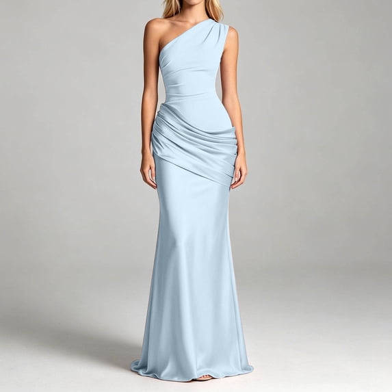 EliteGoogv Womens Bodycon Dresses One Shoulder Asymmetric Ruched Long Dresses For Women Slim Fit Satin Formal Evening Party Dresses Blue
