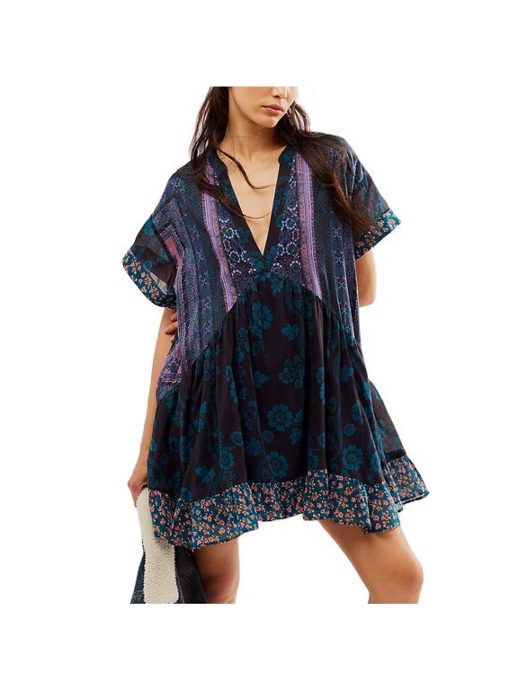 Womens Boho Dresses Deep V Neck Short Sleeve Mini Dresses For Women Loose Fit Ruffle Hem Summer Dresses Vacation Beach Vacation Dresses Navy