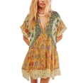 thumbnail image 1 of EliteGoogv Womens Boho Dresses Deep V Neck Short Sleeve Mini Dresses For Women Loose Fit Ruffle Hem Summer Dresses Vacation Beach Vacation Dresses Yellow, 1 of 8