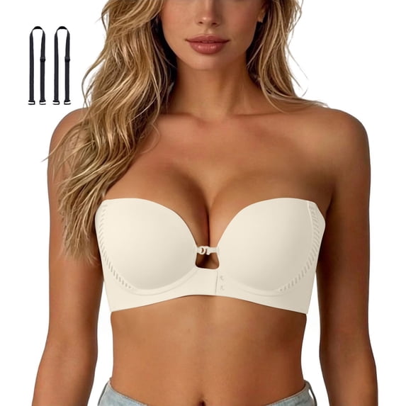 EliteGoogv Womens Bras Front Closure Seamless V Neck Strapless Bras Non Slip Gathering Push Up Bras For Women Everyday Backless Bandeau Bras White M