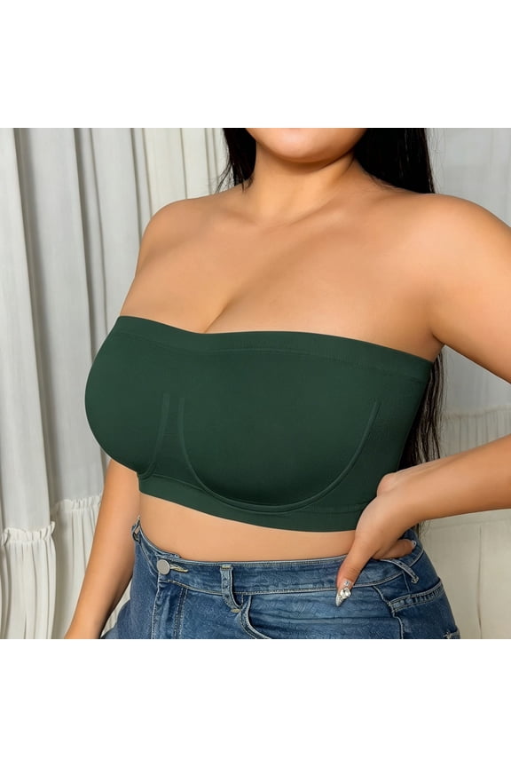 Womens Bras Seamless Anti Slip Strapless Bras Grip Band Bras For Women Full Coverage Plus Size Bras Everyday Bandeau Bras Dark Green 2XL