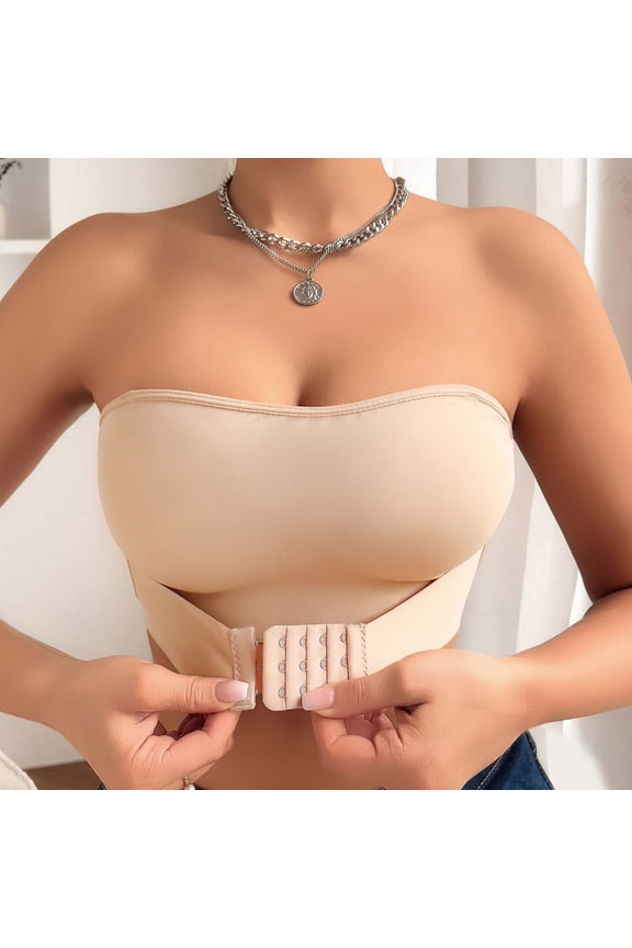 Womens Bras Seamless Non Slip Silicone Band Strapless Bras Everyday Invisible Backless Bandeau Bras Support Push Up Bras Beige M