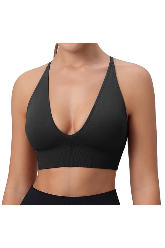 Womens Bras V Neck Wireless Longline Sports Bras For Women Adjustable Straps Padded Seamless Yoga Bras Everyday Workout Bralette T Shirt Bras Black M