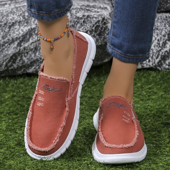 EliteGoogv Womens Canvas Slip On Shoes Low Top Casual Sneakers For Women Lightweight Walking Footwear Red US:8