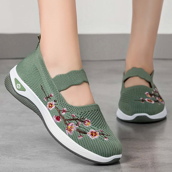 EliteGoogv Womens Casual Sneakers Round Toe Slip On Embroidered Shoes for Women Summer Flat Sole Walking Everyday Footwear US :9