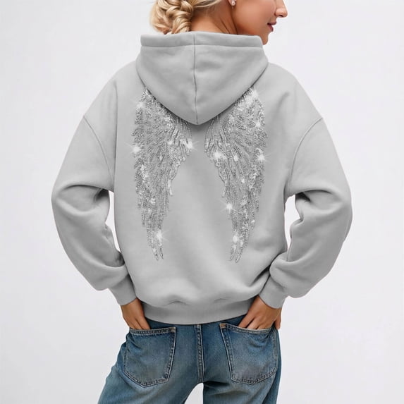 EliteGoogv Womens Embroidered Crystal Hoodie Pullover Sweatshirt Wings Design Casual Winter Sweat Top For Women Streetwear Light Gray 4XL