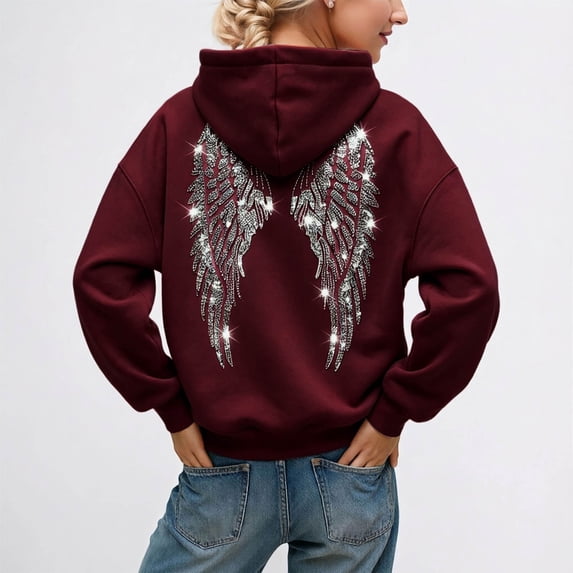 EliteGoogv Womens Embroidered Crystal Hoodie Pullover Sweatshirt Wings Design Casual Winter Sweat Top For Women Streetwear Wine 3XL