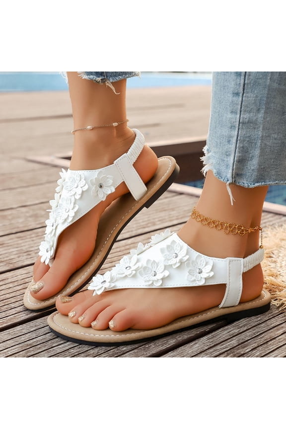Womens Floral Toe Post Flip Flops Beach Slip On Sandals For Women Summer Walking Shoes White US:8