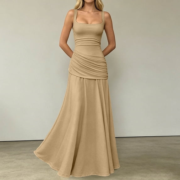 EliteGoogv Womens Formal Dresses Sleeveless Fitted Waist A Line Evening Gowns For Women Party Prom Cocktail Dresses Khaki S