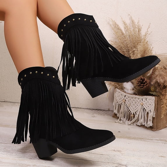 EliteGoogv Womens Fringe Western Ankle Boots Chunky Heel Pull On Short Booties For Women Faux Suede Cowboy Footwear US:8.5