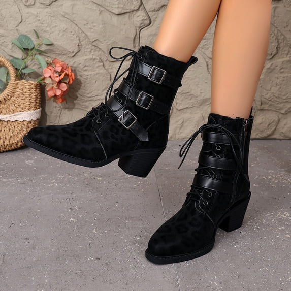 EliteGoogv Womens Leopard Print Mid Calf Boots Lace Up Dial Strap Faux Suede Boots For Women Winter Comfortable Footwear US:9