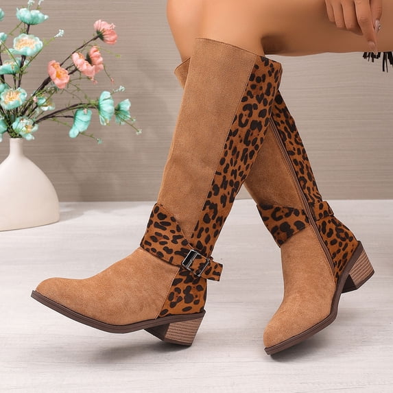 EliteGoogv Womens Leopard Print Over Knee Boots Side Zipper Buckle Strap Chunky Heel Pointed Toe Tall Boots For Women Fashion Footwear US:6