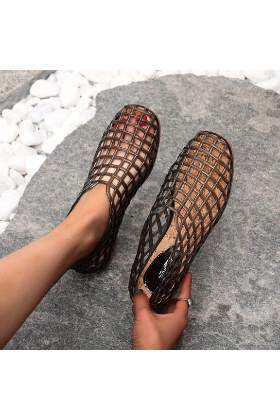 Womens Mesh Ballet Flats Hollow Jelly Slip On Shoes For Women Clear Low Heel Summer Footwear Black US:6