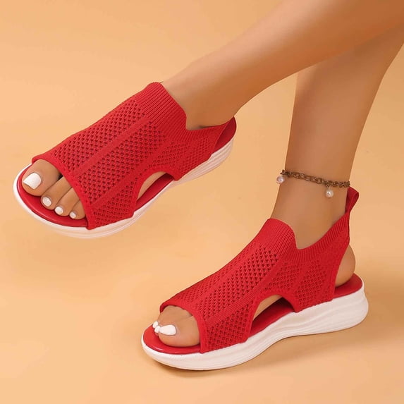 EliteGoogv Womens Mesh Sandals Open Toe Slip On Flat Summer Beach Shoes Sandals For Women Comfortable Walking Shoes Womens Sandals Red US :9.5