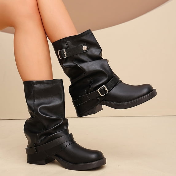 EliteGoogv Womens Mid Calf Boots Chunky Heel Side Zipper Pull On Round Toe Boots For Women Fall Winter Comfortable Walking Shoes US:6