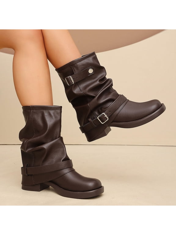 Womens Mid Calf Boots Chunky Heel Side Zipper Pull On Round Toe Boots For Women Fall Winter Comfortable Walking Shoes US:9
