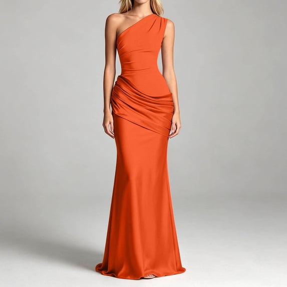 EliteGoogv Womens One Shoulder Dresses Asymmetrical Ruched Satin Maxi Dresses For Women Slim Fitted Formal Dresses Cocktail Party Evening Gowns Orange
