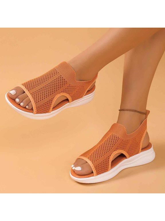 Womens Open Toe Sandals Mesh Breathable Flat Summer Shoes For Women Casual Sporty Walking Footwear Orange US:7.5