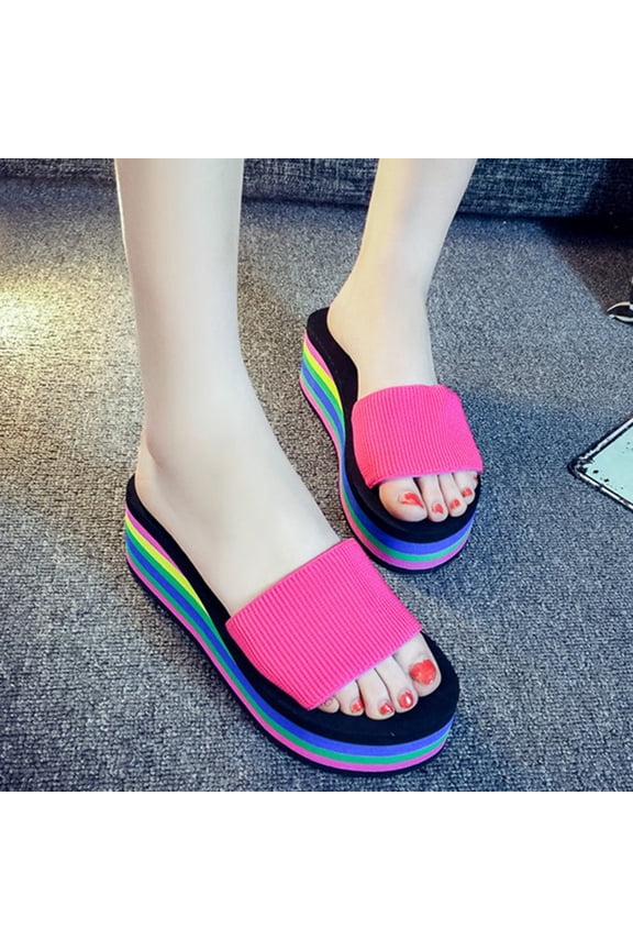 Womens Platform Slippers Wedge Heel Thick Sole Rainbow Bottom Slip On Sandals for Women Stretch Fabric Upper Round Toe Bath Beach Shoes US :7.5