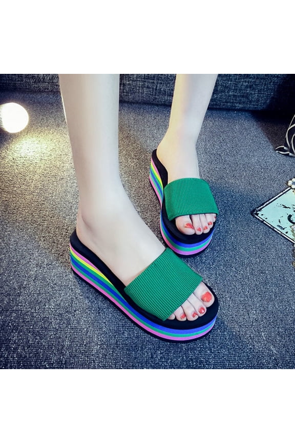 Womens Platform Slippers Wedge Heel Thick Sole Rainbow Bottom Slip On Sandals for Women Stretch Fabric Upper Round Toe Bath Beach Shoes US :8.5