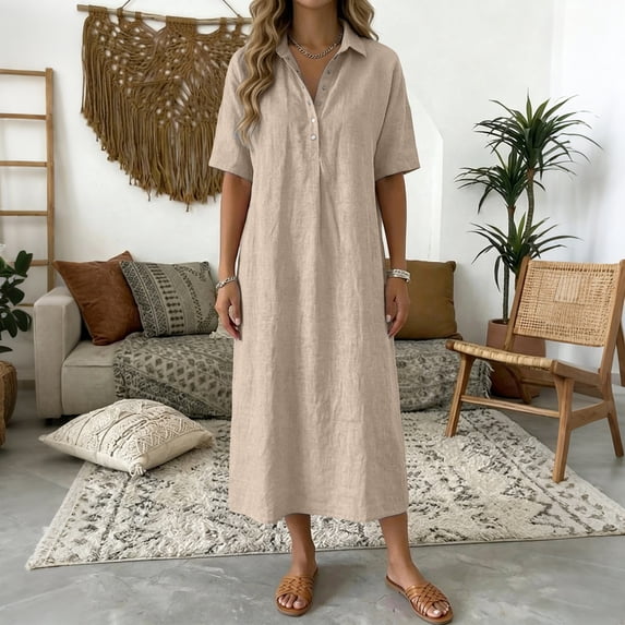 EliteGoogv Womens Polo Dresses Short Sleeve Collared Midi Dresses For Women Relaxed Straight Fit Summer Dresses Vacation Wedding Guest Dresses Khaki