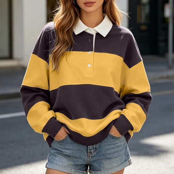 EliteGoogv Womens Polo Shirts Striped Long Sleeve Pullover Sweatshirts For Women Casual Sporty Tops Yellow 3XL
