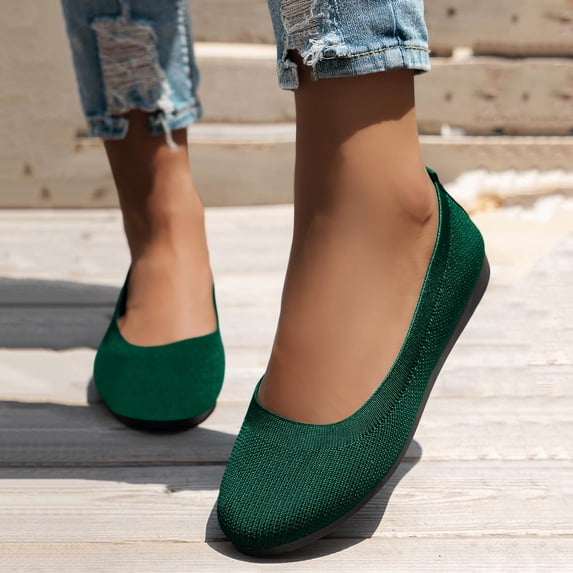 EliteGoogv Womens Round Toe Ballet Flats Slip On Knitted Shoes For Women Breathable Casual Footwear Dark Green US:6.5