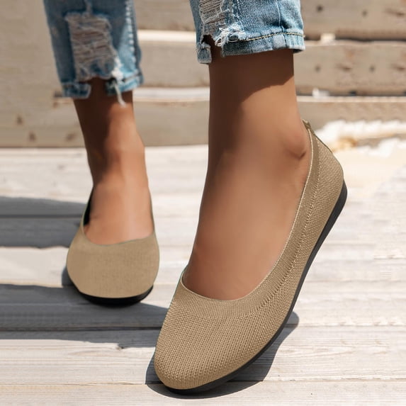 EliteGoogv Womens Round Toe Ballet Flats Slip On Knitted Shoes For Women Breathable Casual Footwear Khaki US:9