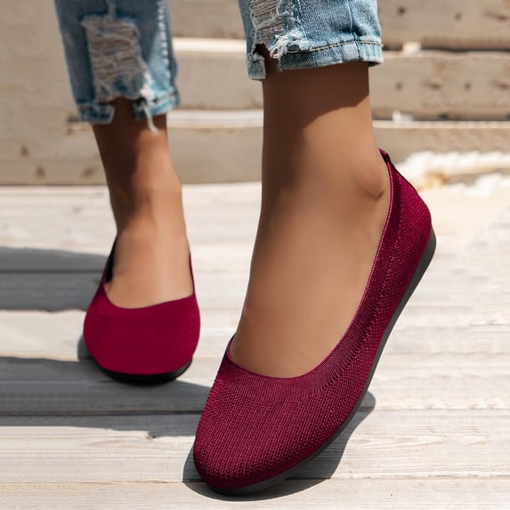 EliteGoogv Womens Round Toe Ballet Flats Slip On Knitted Shoes For Women Breathable Casual Footwear Wine US:7