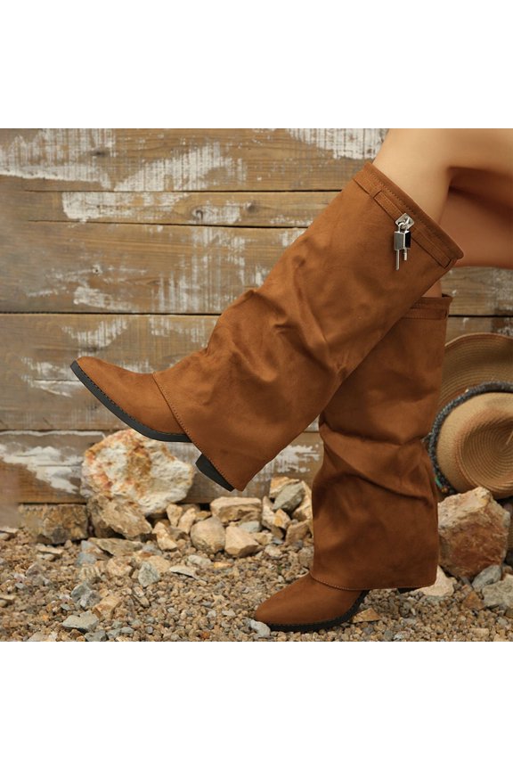 Womens Ruched Mid Calf Boots Pointed Toe Chunky Heel Fashion Boots For Party Outdoor Fall Winter Wear Brown US:6