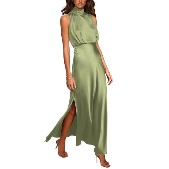 EliteGoogv Womens Satin Dresses Neck Sleeveless Side Slit Dresses For Women Soft Flowy Fit Dresses Evening Party Formal Dresses Green