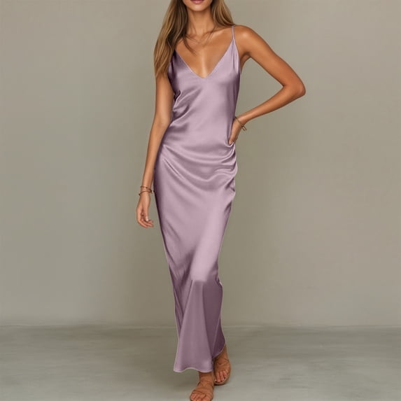EliteGoogv Womens Satin Dresses V Neck Spaghetti Strap Maxi Dresses For Women Slim Straight Fit Summer Dresses Vacation Wedding Guest Dresses Purple
