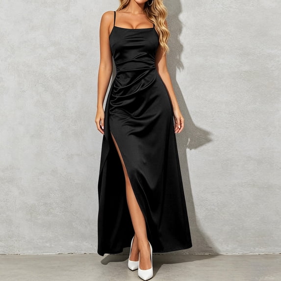 EliteGoogv Womens Slip Dresses Spaghetti Strap Off Shoulder Long Dresses For Women Side Slit Flowy Fit Summer Dresses Date Night Vacation Party Dresses Black