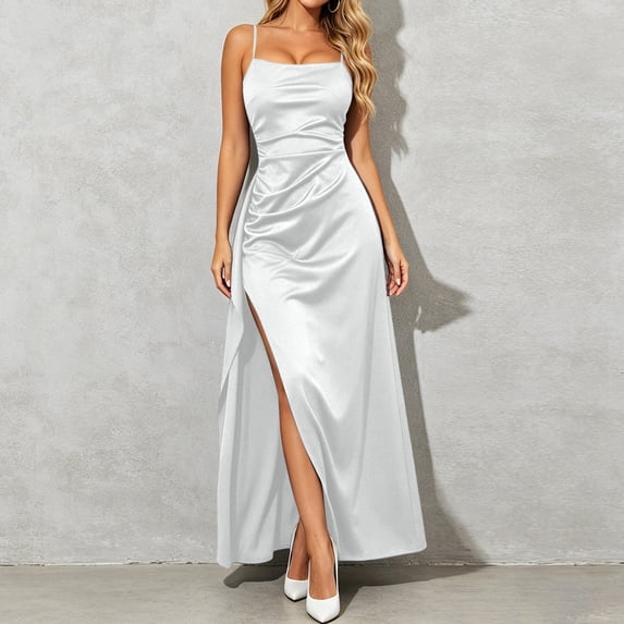 EliteGoogv Womens Slip Dresses Spaghetti Strap Off Shoulder Long Dresses For Women Side Slit Flowy Fit Summer Dresses Date Night Vacation Party Dresses White