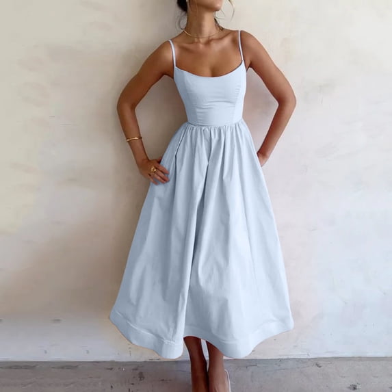 EliteGoogv Womens Slip Dresses U Neck Spaghetti Strap A Line Dresses For Women Ruched Waist Backless Summer Dresses Vacation Party Dresses Blue