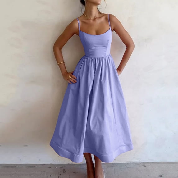 EliteGoogv Womens Slip Dresses U Neck Spaghetti Strap A Line Dresses For Women Ruched Waist Backless Summer Dresses Vacation Party Dresses Purple