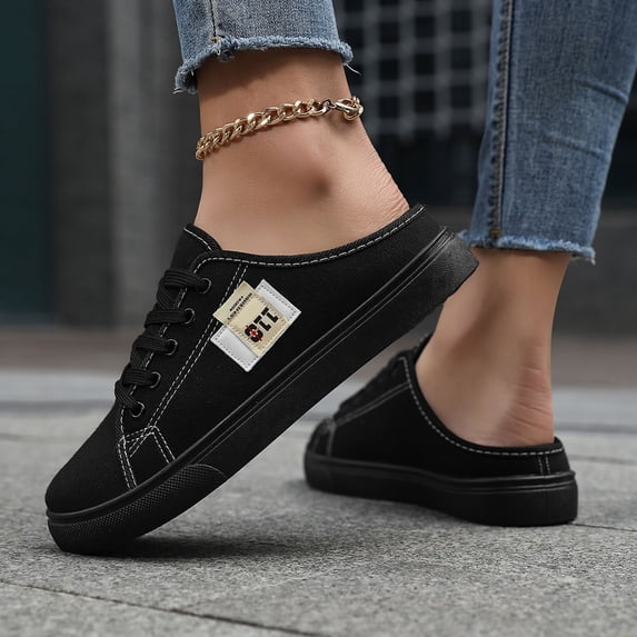 EliteGoogv Womens Slip On Sneakers Low Top Canvas Flat Shoes For Women Casual Comfortable Walking Footwear Black US:9.5