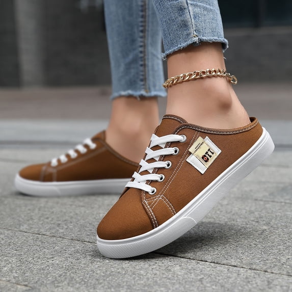 EliteGoogv Womens Slip On Sneakers Low Top Canvas Flat Shoes For Women Casual Comfortable Walking Footwear Brown US:7
