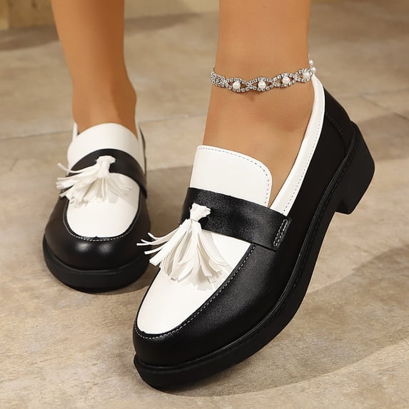 EliteGoogv Womens Tassel Loafers Low Heel Slip On Comfortable Walking Shoes For Women Casual Daily Footwear US:6.5