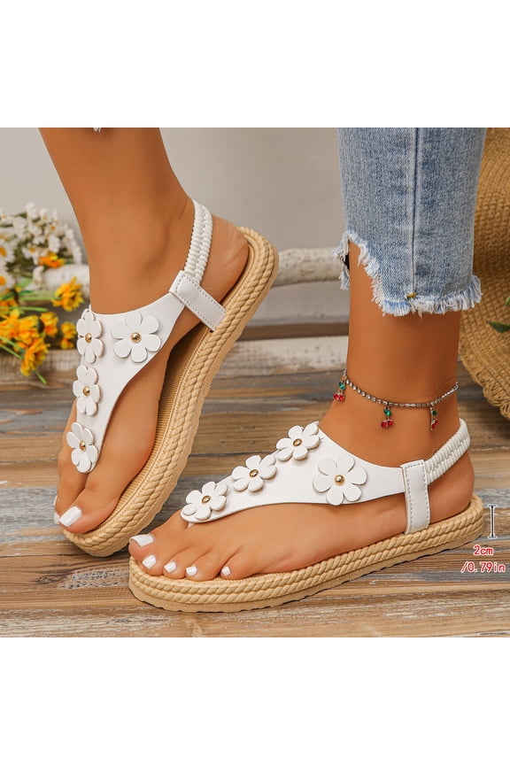 Womens Toe Post Sandals Floral Slide Shoes For Women Summer Beach Arch Support Casual Footwear White US:6