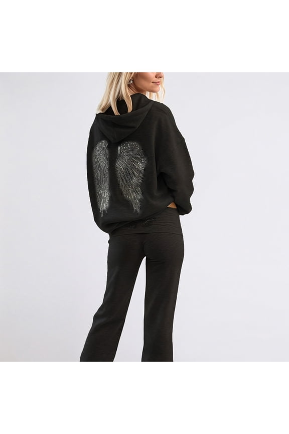 Womens Two Piece Outfits Sequin Wing Slim Fit Tracksuits For Women Casual Fall Winter Daily Wear Wedding Guest Outfits Black 3XL