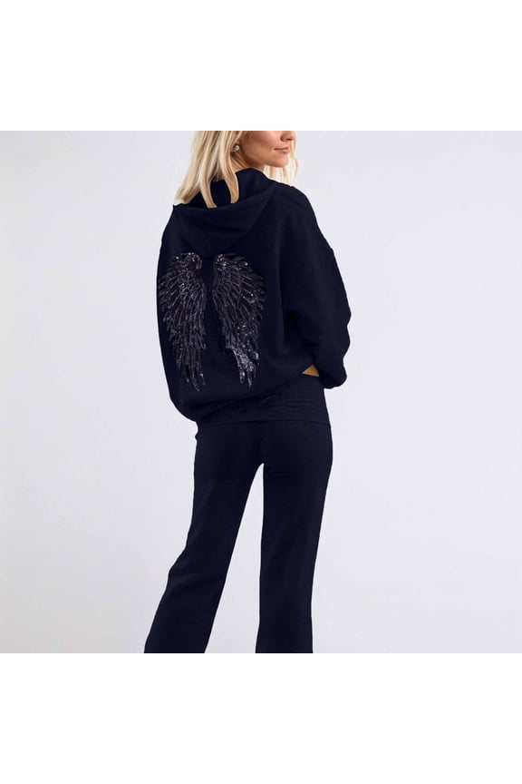 Womens Two Piece Outfits Sequin Wing Slim Fit Tracksuits For Women Casual Fall Winter Daily Wear Wedding Guest Outfits Navy 3XL