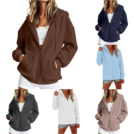 EliteGoogv Womens Zip Up Hoodie Solid Color Drawstring Long Sleeve Casual Hooded Sweatshirt For Women Relaxed Fit Everyday Jacket With Pockets Brown 2XL