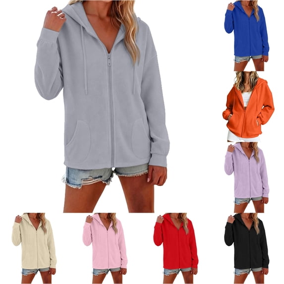 EliteGoogv Womens Zip Up Hoodie Solid Color Drawstring Long Sleeve Casual Hooded Sweatshirt For Women Relaxed Fit Everyday Jacket With Pockets Grey 2XL