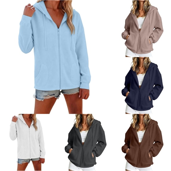 EliteGoogv Womens Zip Up Hoodie Solid Color Drawstring Long Sleeve Casual Hooded Sweatshirt For Women Relaxed Fit Everyday Jacket With Pockets Light Blue L