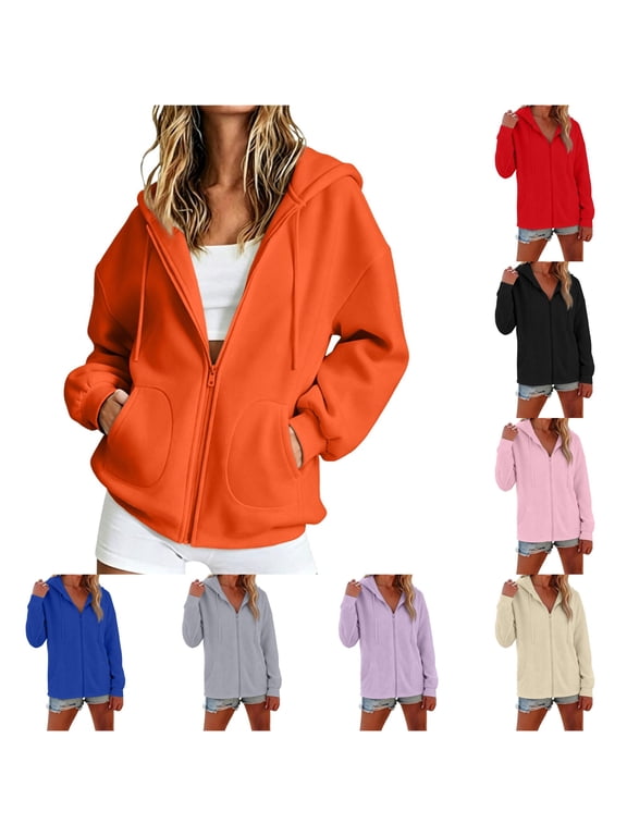 Womens Zip Up Hoodie Solid Color Drawstring Long Sleeve Casual Hooded Sweatshirt For Women Relaxed Fit Everyday Jacket With Pockets Orange S
