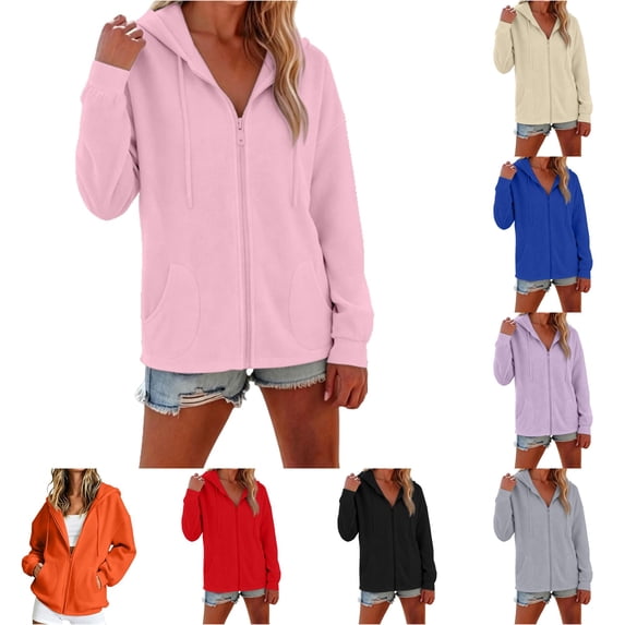 EliteGoogv Womens Zip Up Hoodie Solid Color Drawstring Long Sleeve Casual Hooded Sweatshirt For Women Relaxed Fit Everyday Jacket With Pockets Pink M